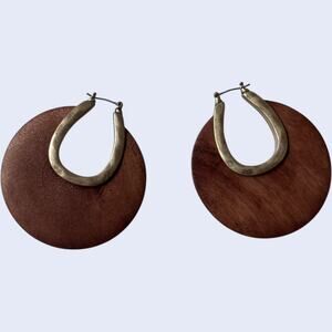 Boho Wood Circle Hoop Earrings Brown Gold Brass Geometric Festival